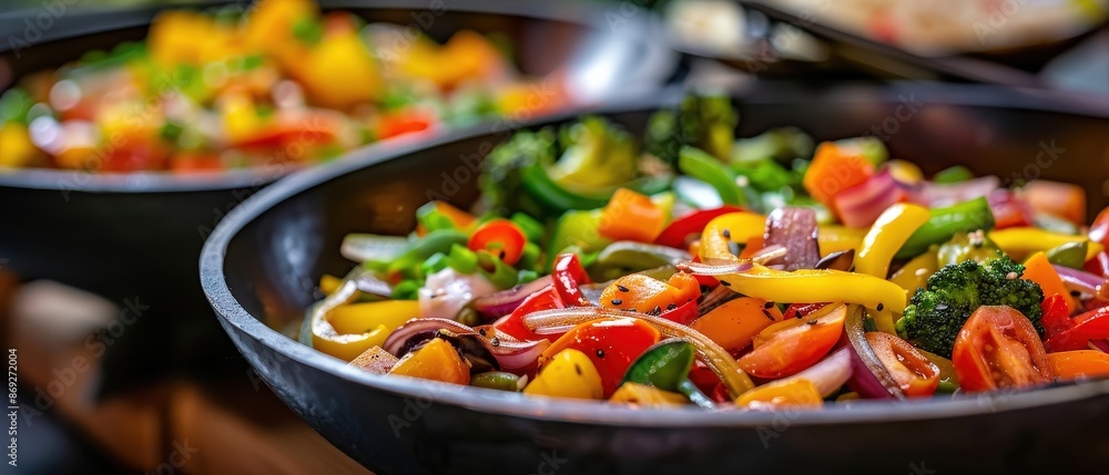 Close up of a skillet filled with fresh colorful vegetables. Close up of a skillet filled with fresh colorful vegetables.