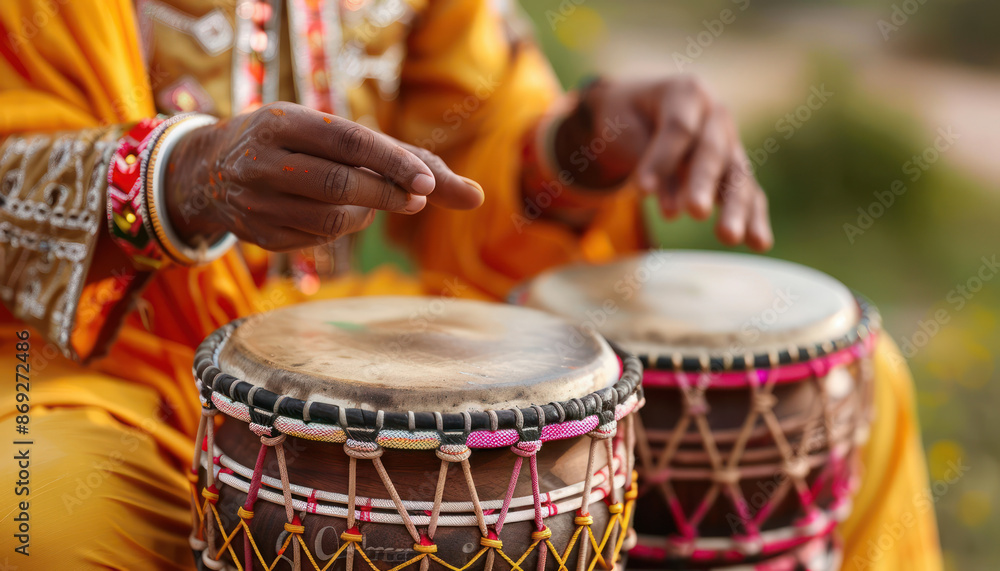 Fototapeta premium Group of Men Playing Traditional Instruments Celebrating Holi, An Exuberant Musical Celebration with Traditional Instruments and Joyful Festivities, Holi 2023 Festival Highlights