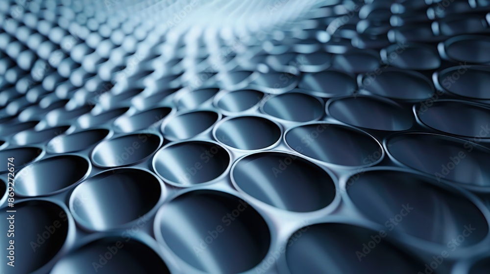 Obraz premium Metallic mesh surface with repeating circular indentations creates a wavy pattern set against a solid dark blue backdrop.