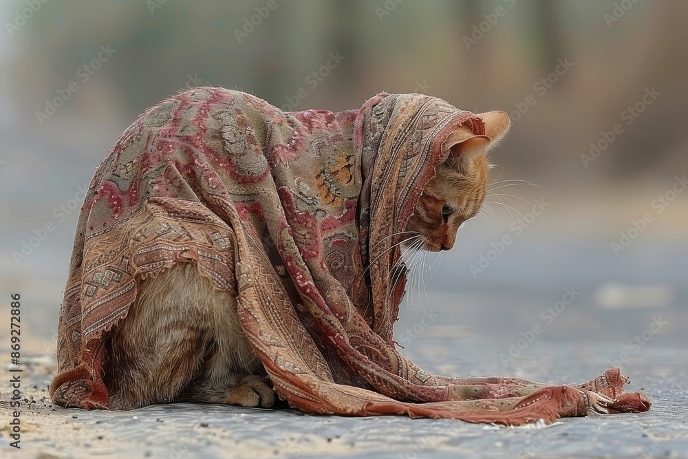 A Feline Wrapped in a Colorful Scarf on a Daytime Street A Feline Wrapped in a Colorful Scarf on a Daytime Street