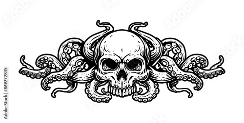 Skull and octopus, black and white vector graphic