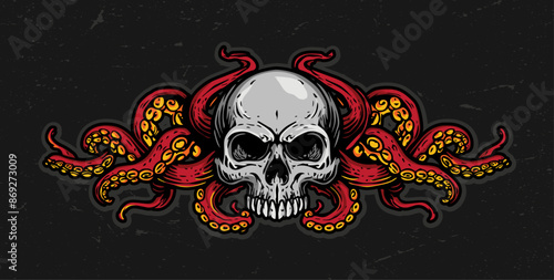 Skull and octopus, colourful vector graphic