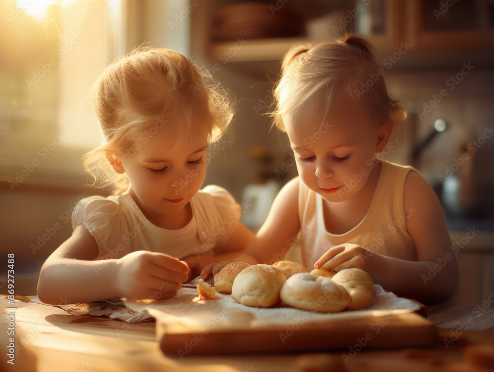 Naklejka premium Kids Preparing a Surprise Breakfast for Mom on Mothers Day, Early Morning Joy and Love in the Kitchen Heartwarming Moments Delicious Food Ideas for a Special Mothers Day Celebration