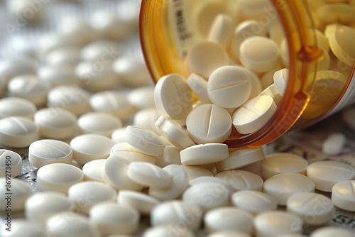 An amber prescription bottle lies on its side, spilling black tablets onto a wooden surface. Other prescription bottles are blurred in the background.