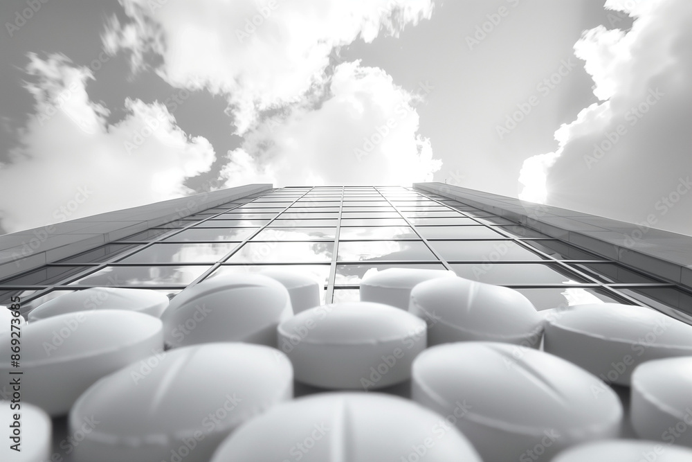 Obraz premium White tablets arranged in a pattern leading upwards towards a cloudy sky.