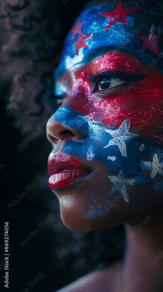 Side profile portrait of Black woman celebrating in glitter face paint makeup july 4th Independence Day. African American with stars and stripes face on the annual celebration of nationhood in USA. Side profile portrait of Black woman celebrating in glitter face paint makeup july 4th Independence Day. African American with stars and stripes face on the annual celebration of nationhood in USA.