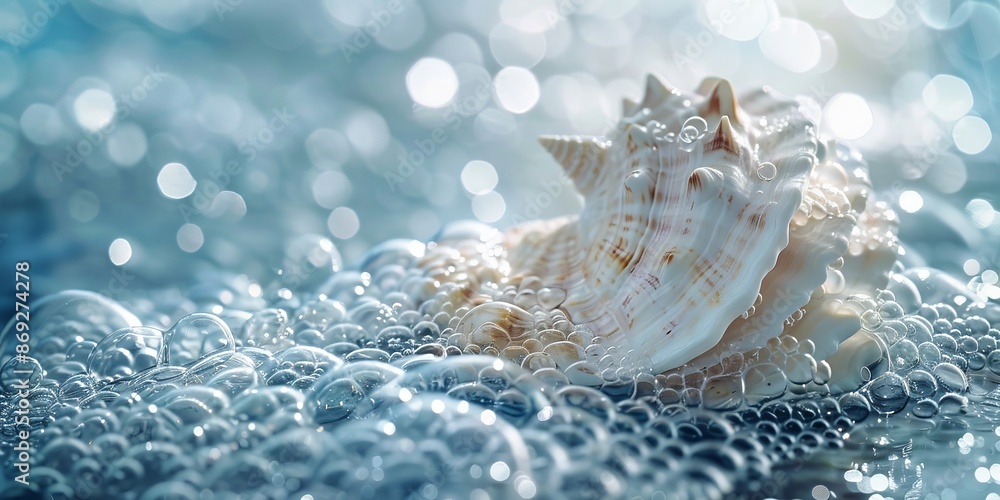 Elegant Seashell Amidst Sparkling Bubbles in Dreamy Oceanic Setting Elegant Seashell Amidst Sparkling Bubbles in Dreamy Oceanic Setting