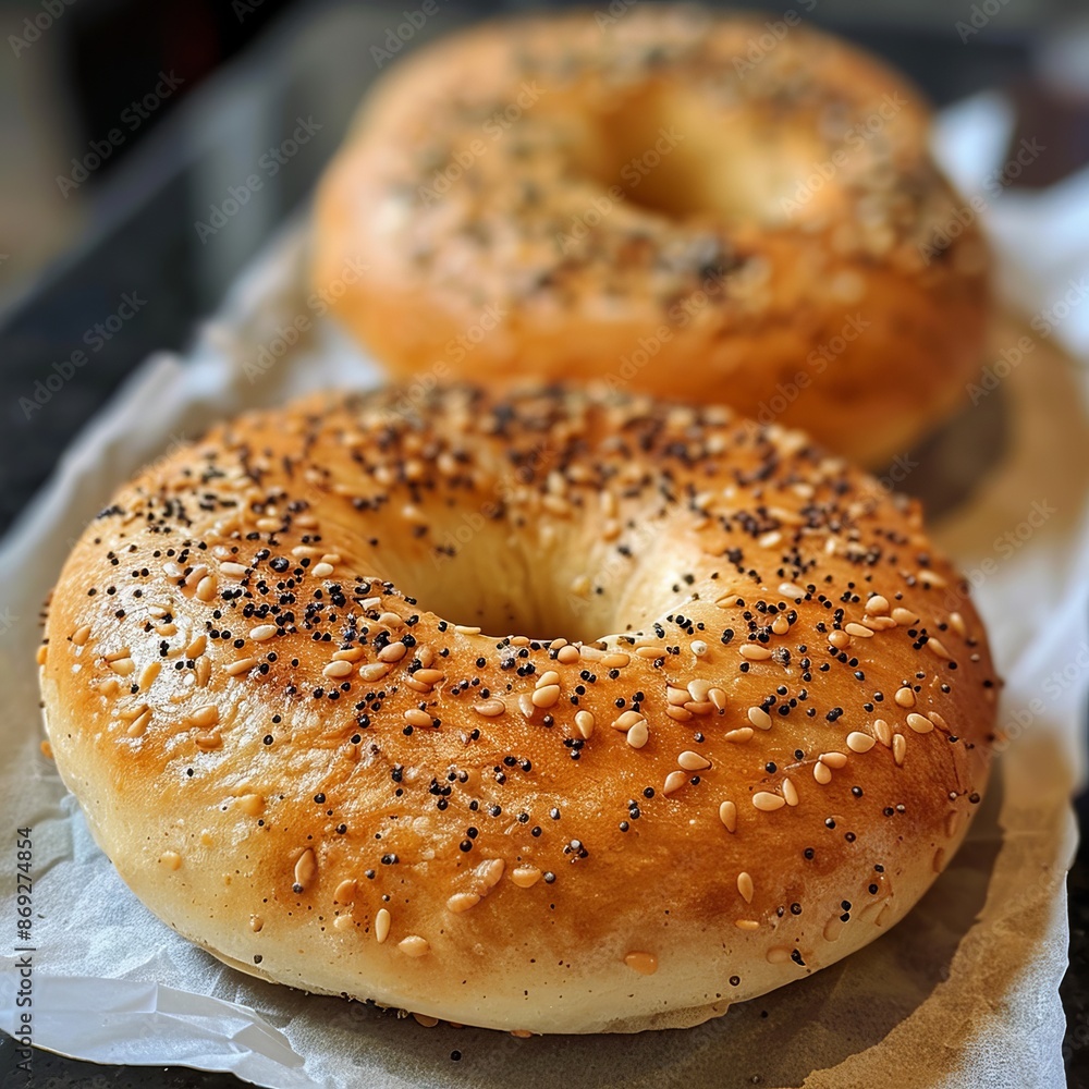 Two Bagels Resting on Wax Paper Two Bagels Resting on Wax Paper