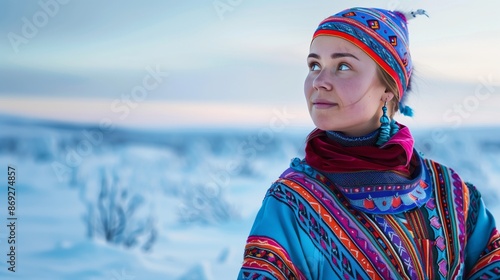 A person in colorful Sámi dress stands against the snowy landscapes of Northern Scandinavia.