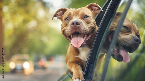 Happy American Pit Bull Terrier dog hanging out a moving car window photo