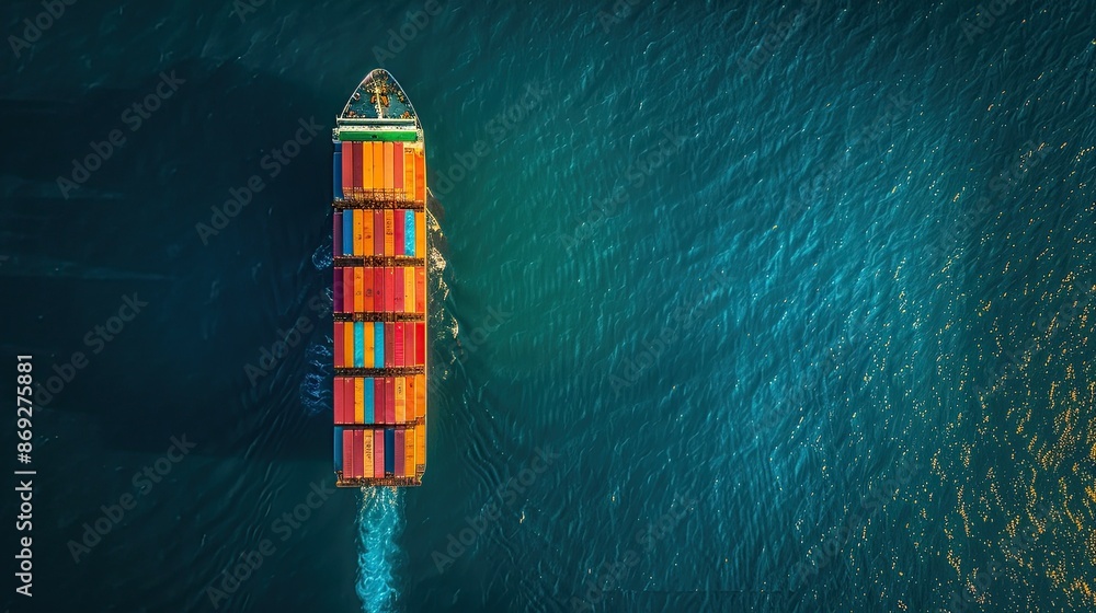 An aerial view of a cargo ship carrying colorful containers on the open ocean. An aerial view of a cargo ship carrying colorful containers on the open ocean.