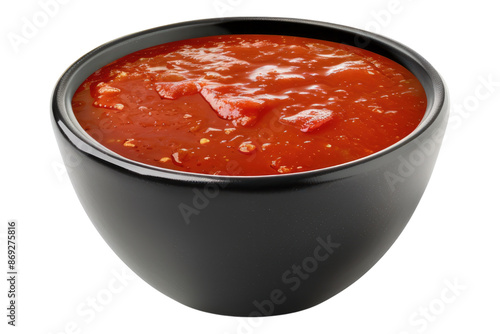 Black bowl of tomato sauce isolated on transparent background