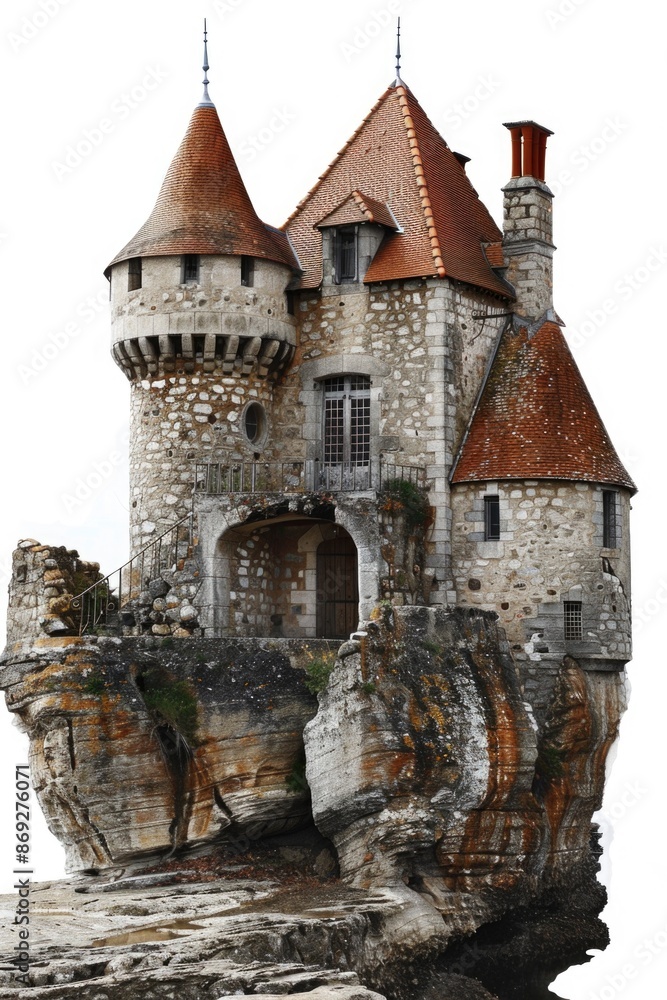 Fototapeta premium A medieval-style castle perched on the edge of a rugged cliff, with a serene landscape below