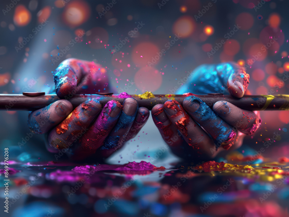 Vibrant Holi Celebration Man Covered in Colors Playing the Flute, Embracing Musical Traditions Amidst Bright Festivities and Joyous Cultural Expressions Vibrant Holi Celebration Man Covered in Colors Playing the Flute, Embracing Musical Traditions Amidst Bright Festivities and Joyous Cultural Expressions