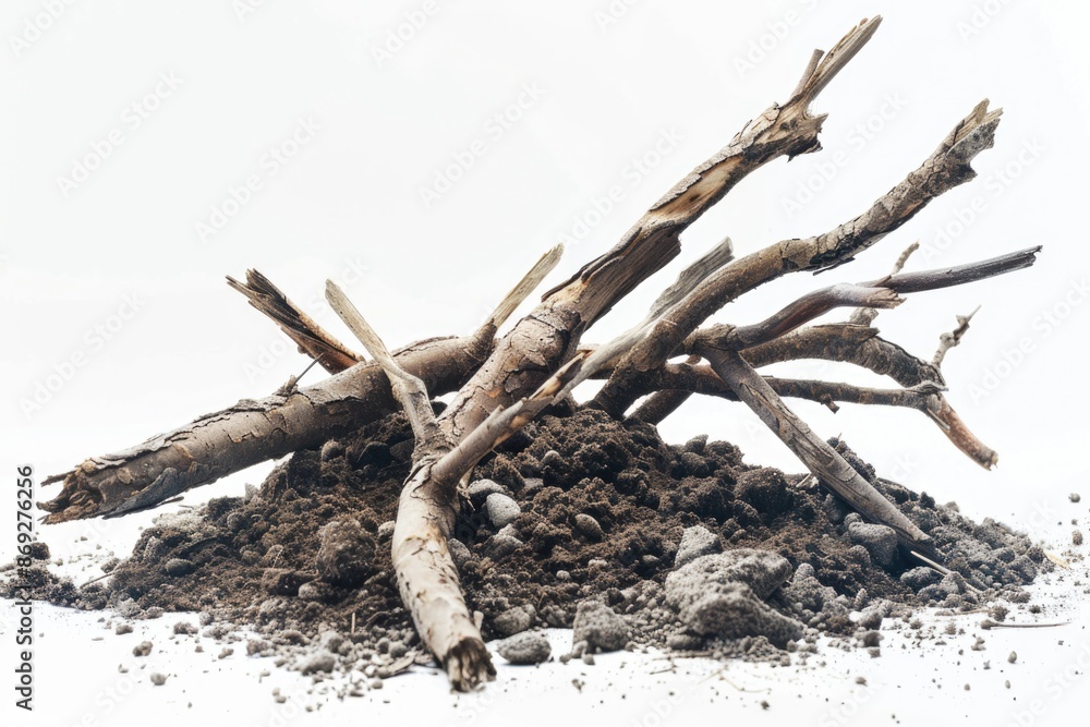 A natural earthen mound with sticks emerging from the soil, possibly from a forest or garden A natural earthen mound with sticks emerging from the soil, possibly from a forest or garden
