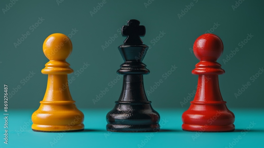 Three chess pieces are arranged on a blue background Three chess pieces are arranged on a blue background
