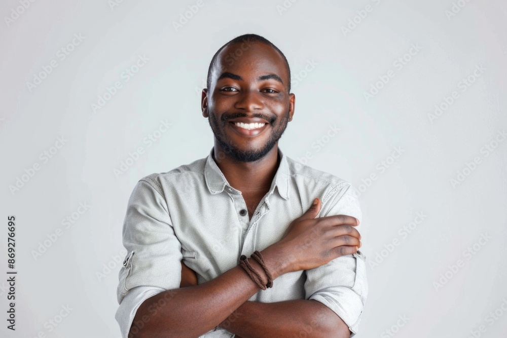 A happy man standing with his arms crossed, wearing a white shirt A happy man standing with his arms crossed, wearing a white shirt