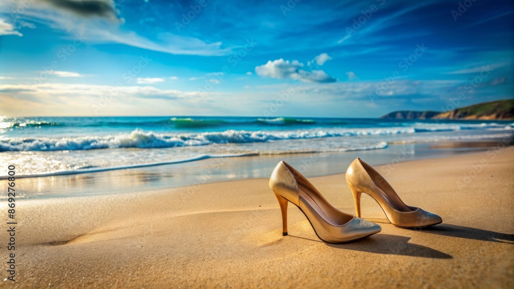 Serene beach scene featuring an empty stretch of sandy shoreline with gentle waves and a solitary pair of high heels. Serene beach scene featuring an empty stretch of sandy shoreline with gentle waves and a solitary pair of high heels.