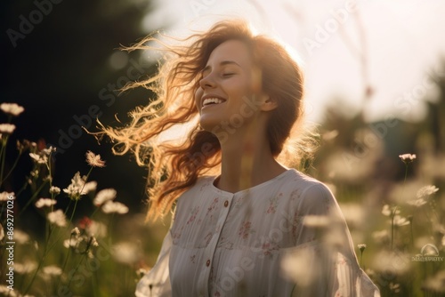 Fototapeta Naklejka Na Ścianę i Meble -  Laughing nature meadow adult.