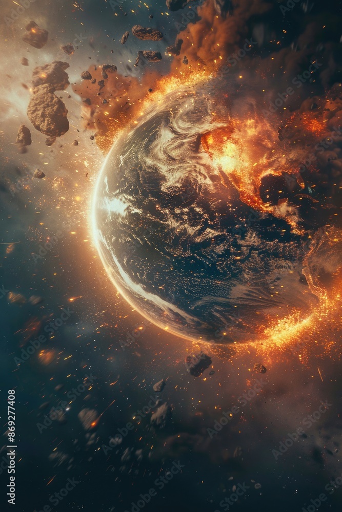 Obraz premium A massive planet explodes in space, surrounded by stars and celestial debris