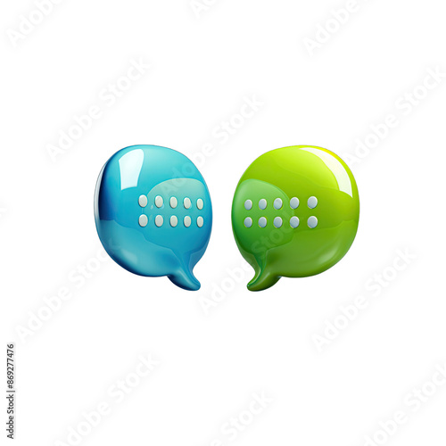 3d icon of two speech bubbles, one blue and the other green on black background, ui design, simple shapes, ui element, minimalistic, glassmorphism style, octane render, glossy plastic texture, flat, 