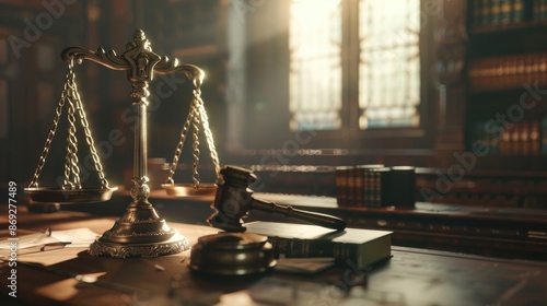 A scale of justice sits on top of a wooden table, ready for use photo