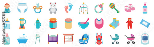 Baby care icons, items for infants and toddlers - diaper, stroller, car seat, high chair, formula bottle, teething ring, changing table, teddy bear. Vector cartoon illustration set.