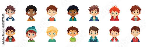 Diverse group of boys avatars, kindergarten kids with various hairstyles and clothes. Vector cartoon illustration set.