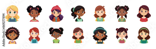Diverse group of girls avatars, kindergarten kids with various hairstyles and accessories. Vector cartoon illustration set.