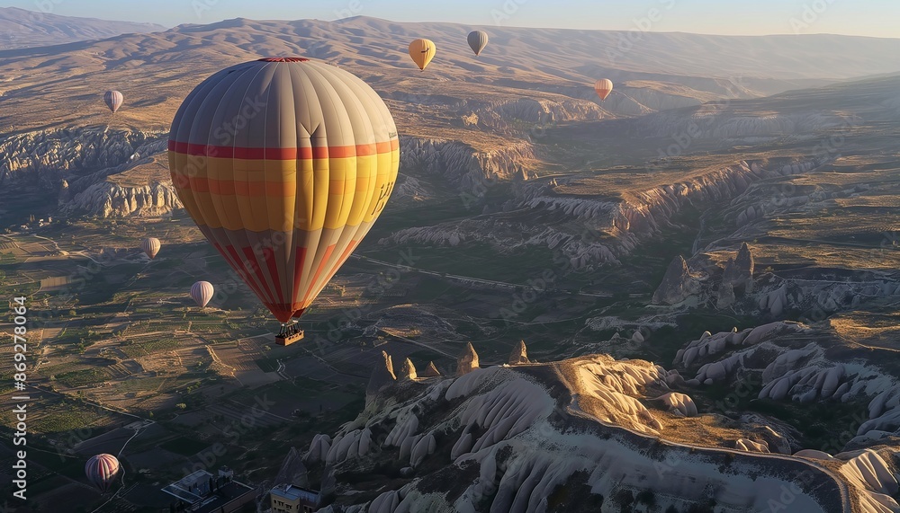 Obraz premium A breathtaking view of hot air balloons drifting over Cappadocia's extraordinary terrain capturing the essence of this unique region. full ultra hd high resolution stunning crisp vivid detailed