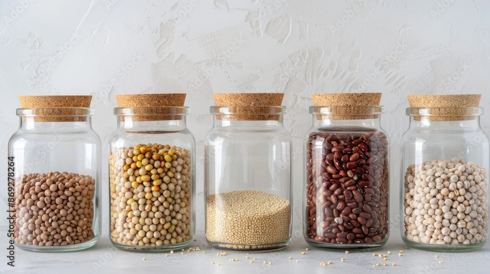A row of eight clear glass jars with cork lids are filled with different types of dried beans and grains. They are arranged on a white countertop A row of eight clear glass jars with cork lids are filled with different types of dried beans and grains. They are arranged on a white countertop