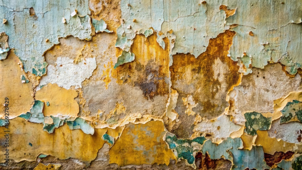 Fototapeta premium Damp wall with peeling paint and torn seam of old, faded wallpaper, revealing cracked, water-stained surface beneath, needing repair.