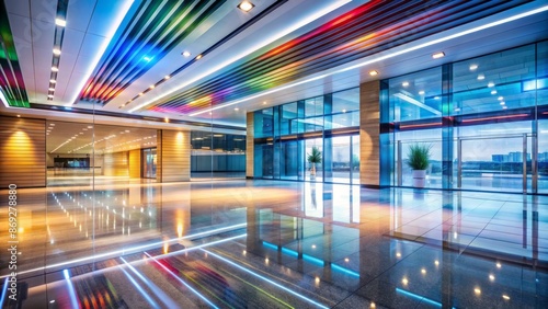 Modern office lobby with sleek marble floor and staircase, blurred motion of abstract lights and reflections, dynamic atmosphere.