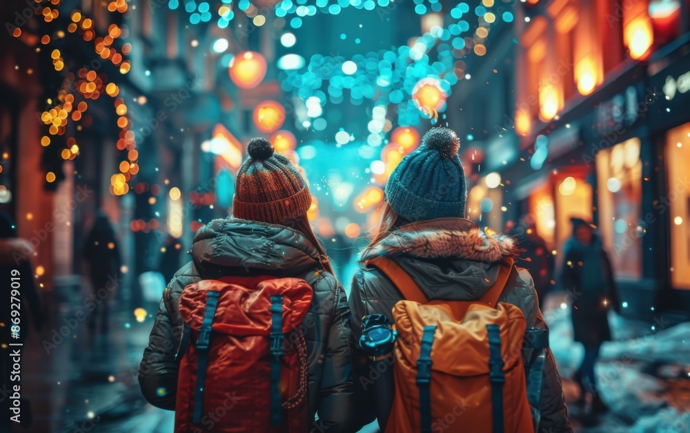 Obraz premium Two people walk down a snow-covered street at night, their backs to the camera, illuminated by colorful Christmas lights