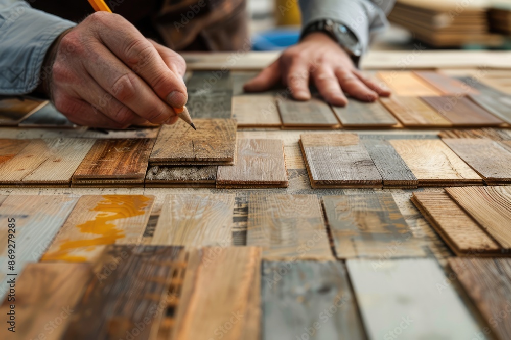 Carpenter Measuring Wood Panels Carpenter Measuring Wood Panels
