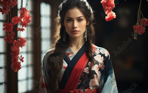 A young Japanese woman wearing a traditional kimono stands in a dimly lit room, framed by a cascading red flower arrangement. Her confident gaze and traditional attire embody cultural pride