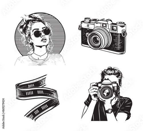 Symbols of Photographer Day set. Photographer with model