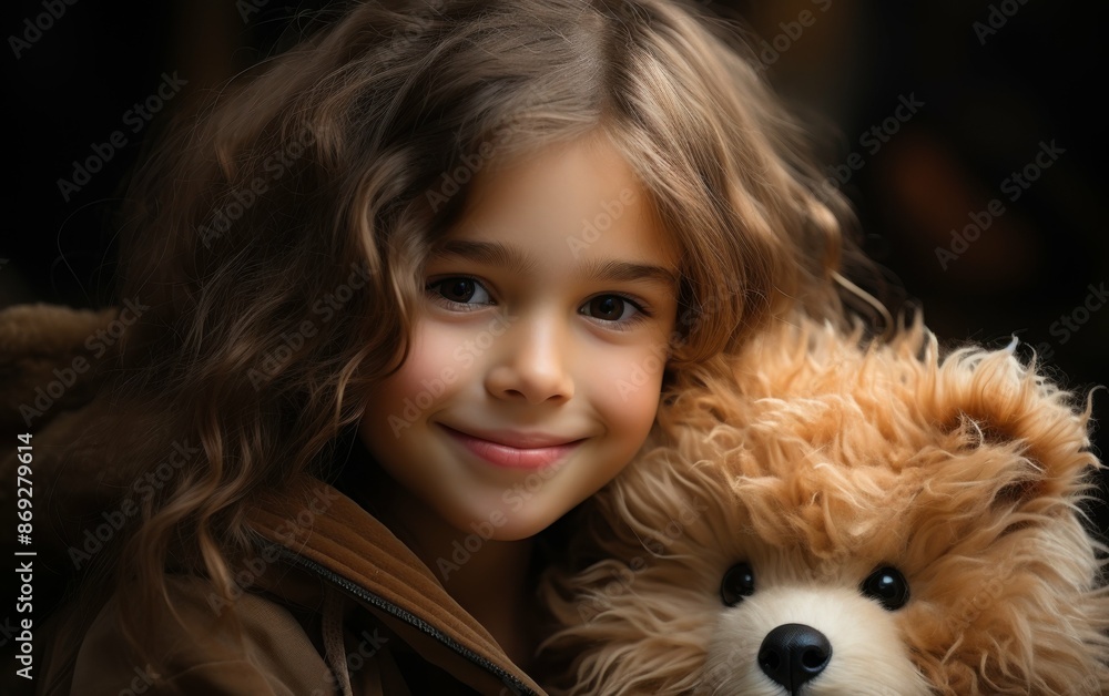 A young girl with long curly brown hair is smiling and holding a teddy bear A young girl with long curly brown hair is smiling and holding a teddy bear