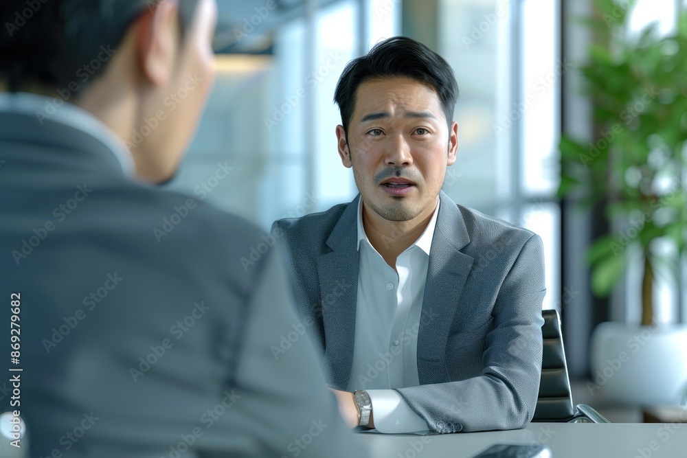 Portrait half-body of a Japanese entrepreneur consulting with a financial advisor in a bright conference room, hyper-realistic, high detail, photorealistic Portrait half-body of a Japanese entrepreneur consulting with a financial advisor in a bright conference room, hyper-realistic, high detail, photorealistic