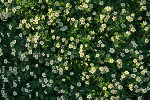 An overhead view of a lush summer meadow filled with white flowers, the green grass and white blooms photo