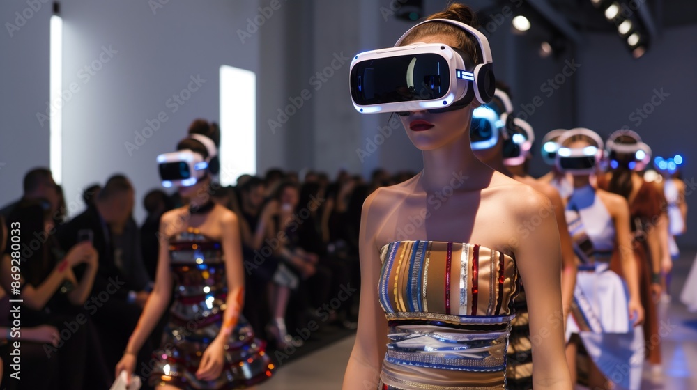 Fototapeta premium A VR fashion showcase captivates audiences with models on virtual runways, highlighting futuristic designs.