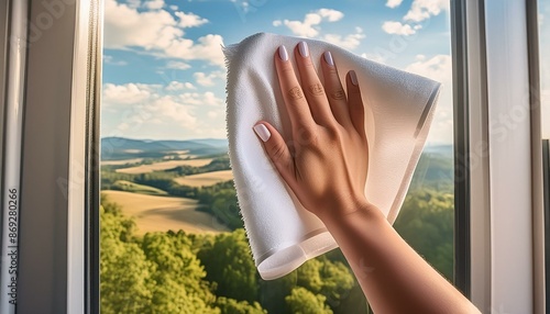 Weibliche Hand putzt Fenster mit einer Mikrofasertuch.  photo