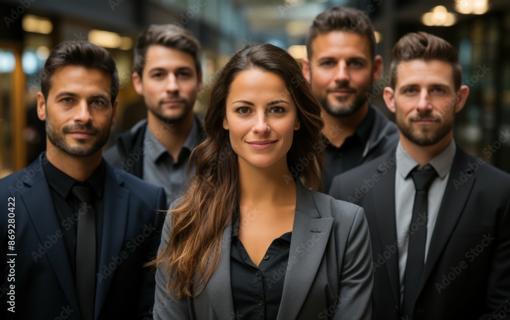 A group of diverse businesspeople, both men and women, stand together in a modern office setting, posing for a photo. They are all professionally dressed in suits and ties A group of diverse businesspeople, both men and women, stand together in a modern office setting, posing for a photo. They are all professionally dressed in suits and ties
