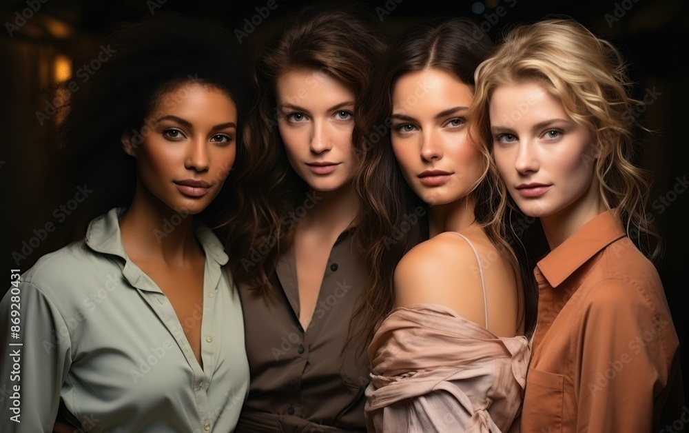 A studio portrait of four women with various skin tones and hairstyles, all dressed in casual clothing, looking directly at the camera A studio portrait of four women with various skin tones and hairstyles, all dressed in casual clothing, looking directly at the camera