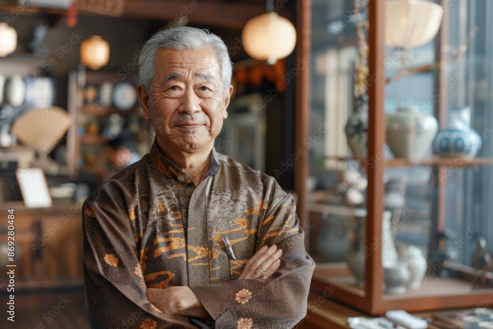 Obraz premium Portrait half-body of a Japanese small business owner planning a grand opening event, hyper-realistic, high detail, photorealistic
