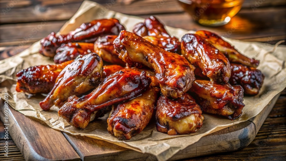 Rustic style BBQ chicken wings with sticky glazed surface, richly browned and glossy, arranged on crinkled baking paper, awaiting devouring. Rustic style BBQ chicken wings with sticky glazed surface, richly browned and glossy, arranged on crinkled baking paper, awaiting devouring.