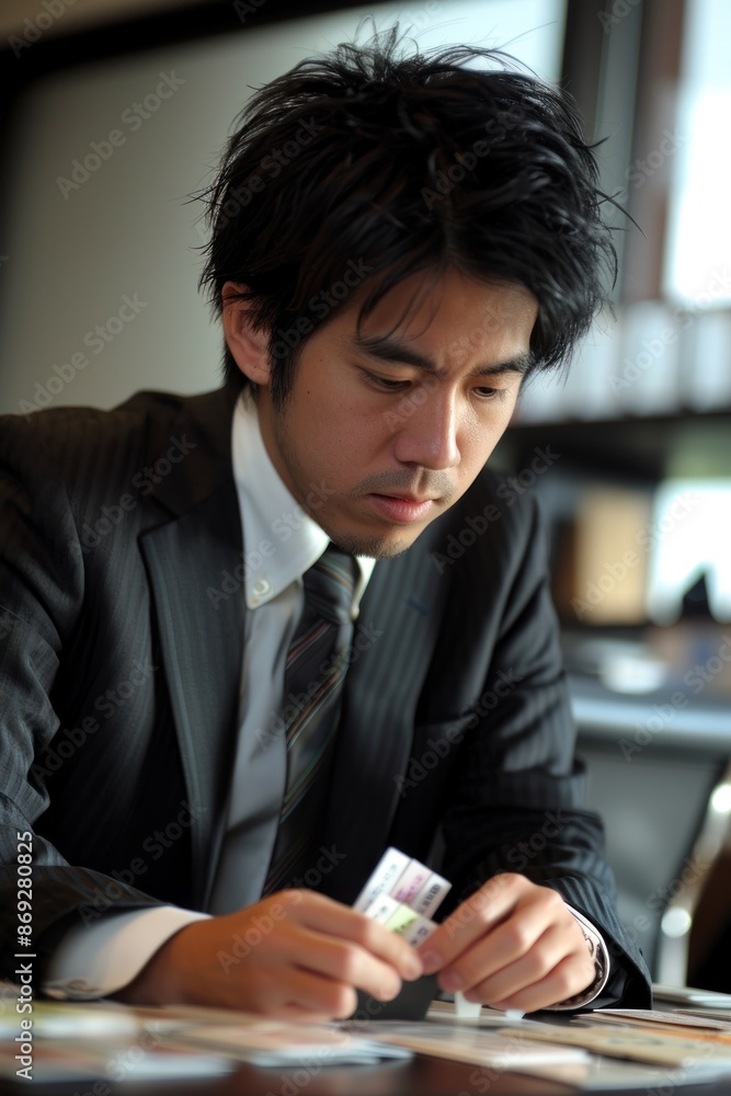 Portrait half-body of a Japanese professional arranging business cards on a desk, hyper-realistic, high detail, photorealistic Portrait half-body of a Japanese professional arranging business cards on a desk, hyper-realistic, high detail, photorealistic