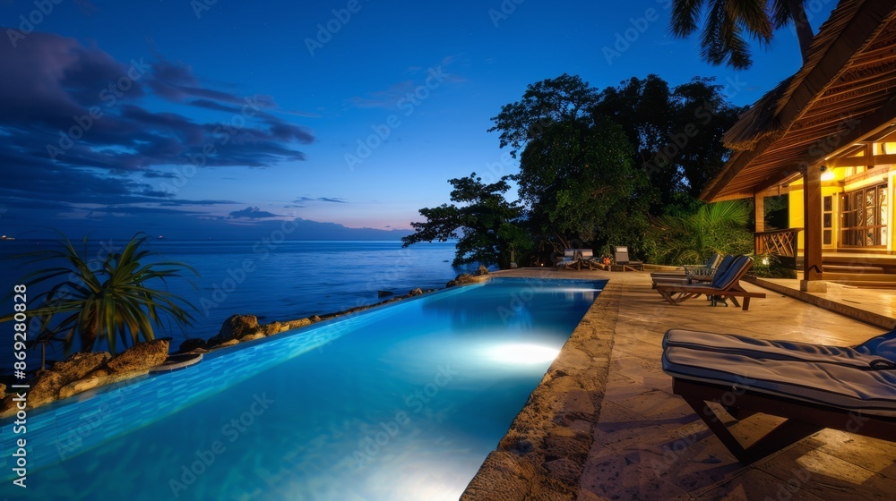 Fototapeta premium Serene Tropical Resort Poolside at Dusk