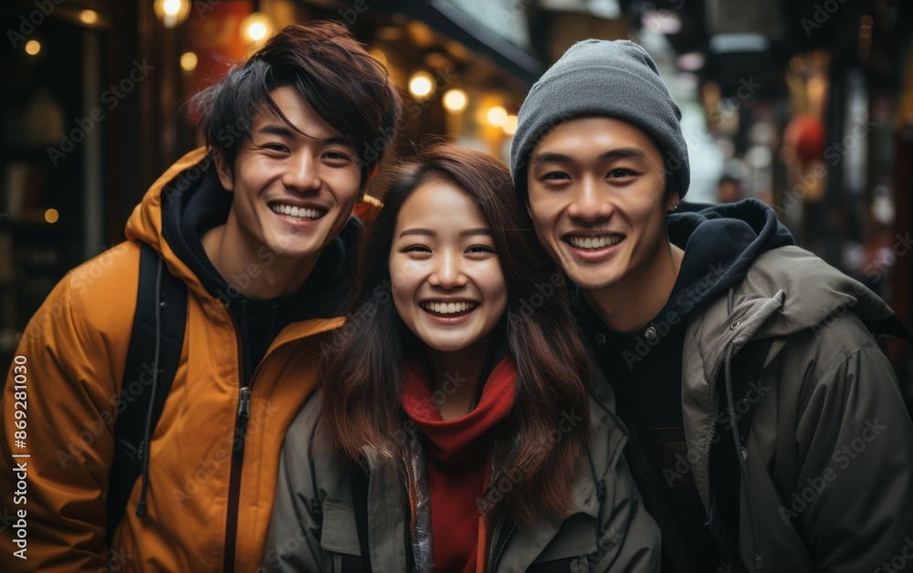 Three teenagers smile for a photo in a city street. They are dressed for cool weather and appear to be enjoying their evening out Three teenagers smile for a photo in a city street. They are dressed for cool weather and appear to be enjoying their evening out