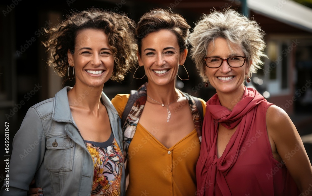 Three women of different ages and ethnicities stand close together, smiling and laughing. The women are outdoors on a sunny day Three women of different ages and ethnicities stand close together, smiling and laughing. The women are outdoors on a sunny day